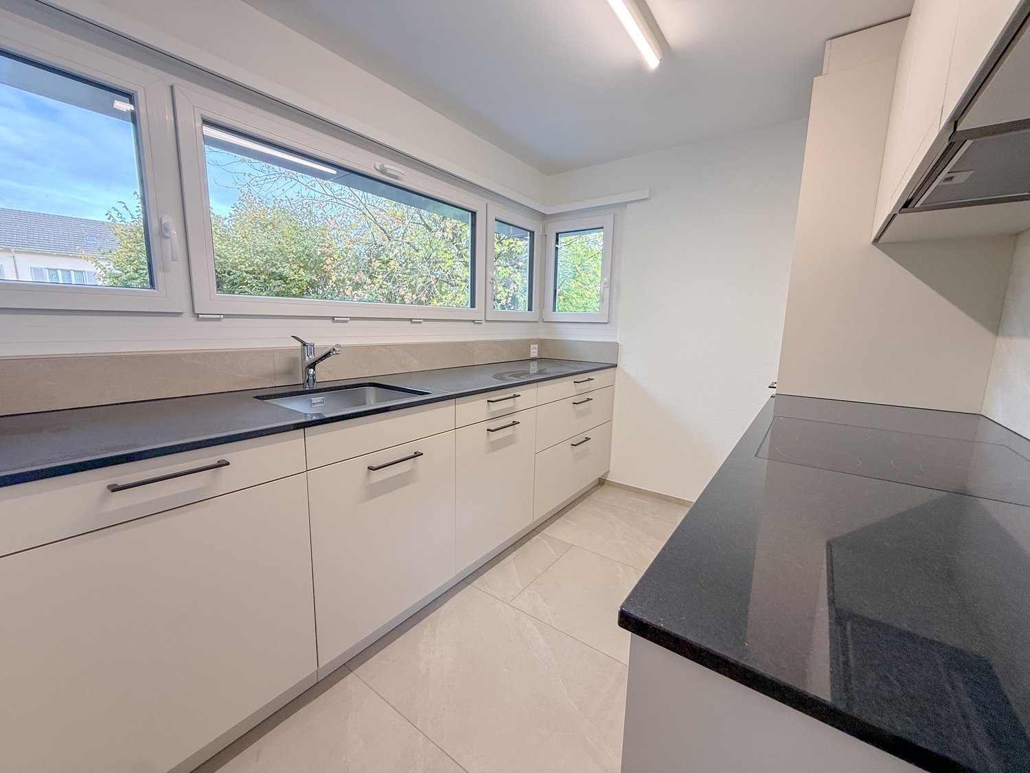 Modern kitchen, white cabinetry, black countertops, large windows, under-cabinet lighting, stainless steel sink, faucet