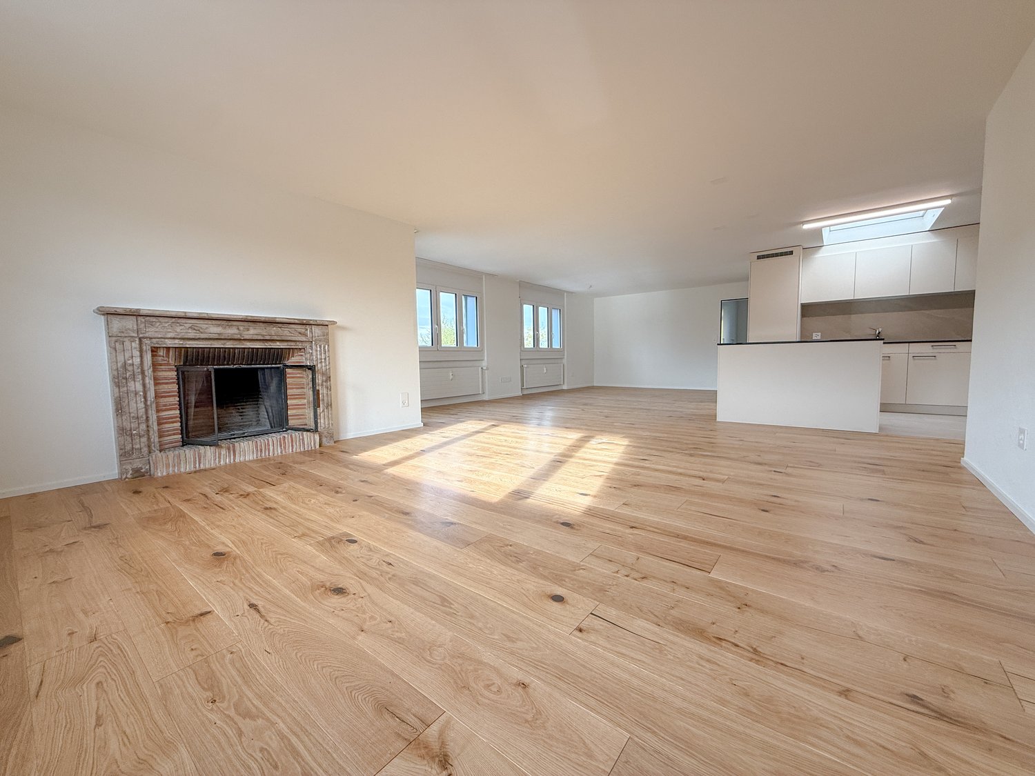 hardwood floor, fireplace, kitchen island, kitchen appliances, large windows