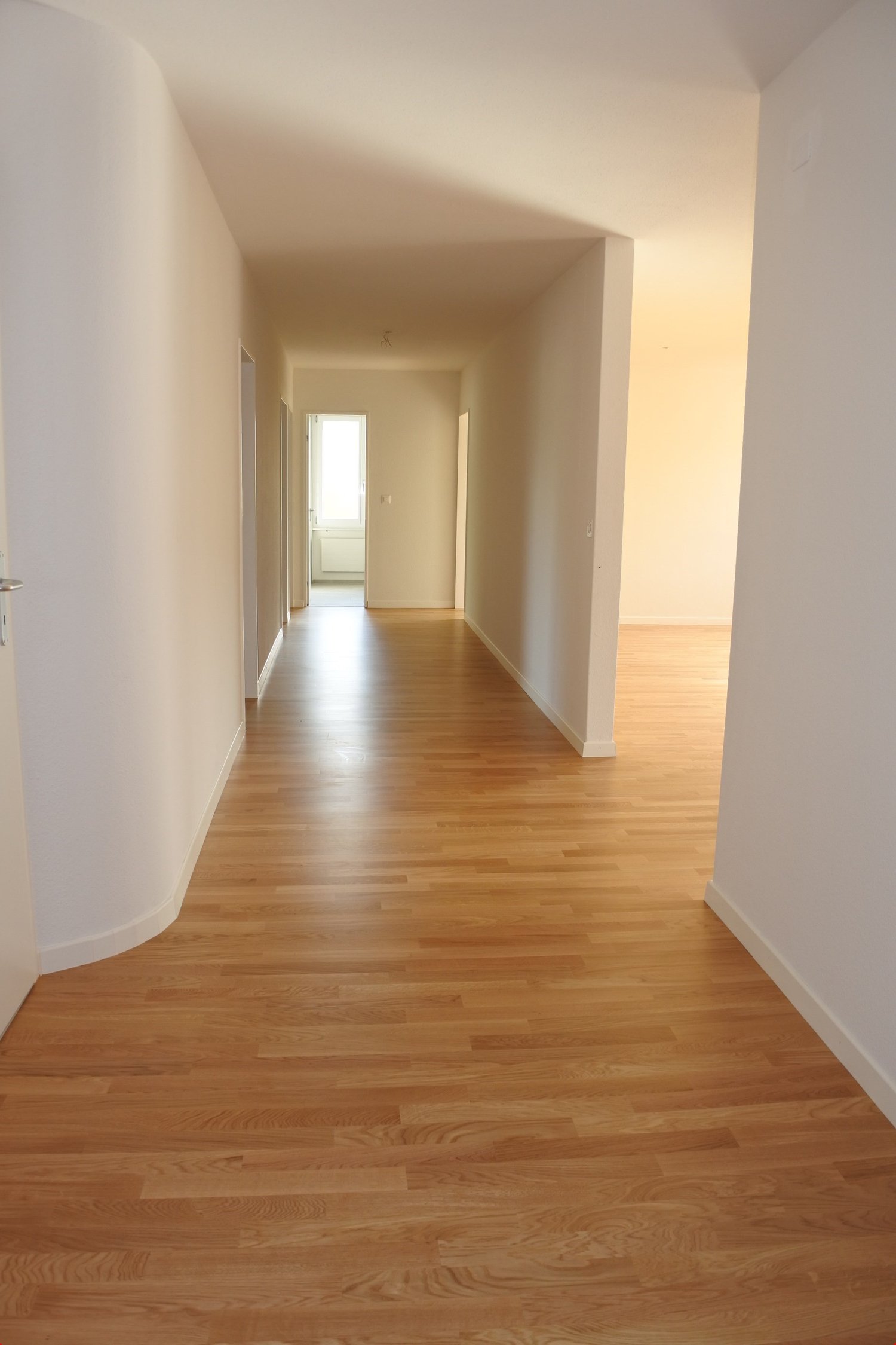 Empty hallway with wooden floors and white walls