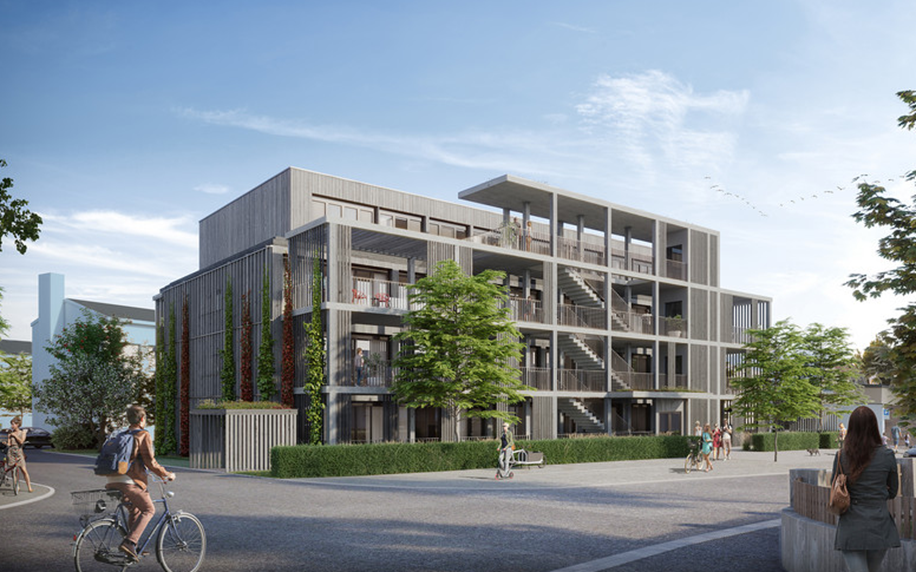 modern building with multiple floors, large glass windows, balconies, vertical gardens, outdoor seating areas