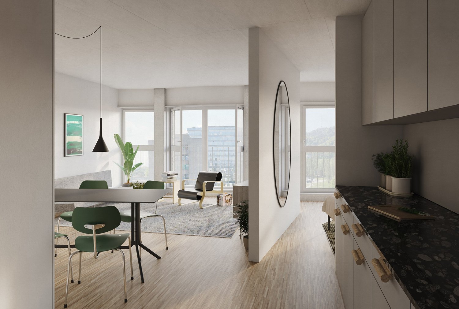 modern minimalist design, grey couch, white table, modern lighting, round mirror, plants, large windows