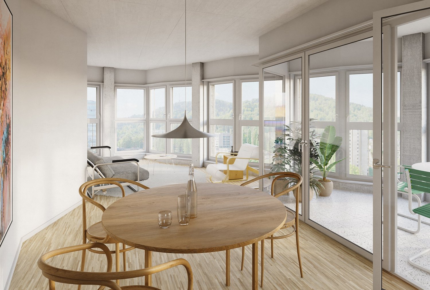 Dining area with wooden table, wooden chairs, large windows, sliding glass doors, plants, pendant lamp