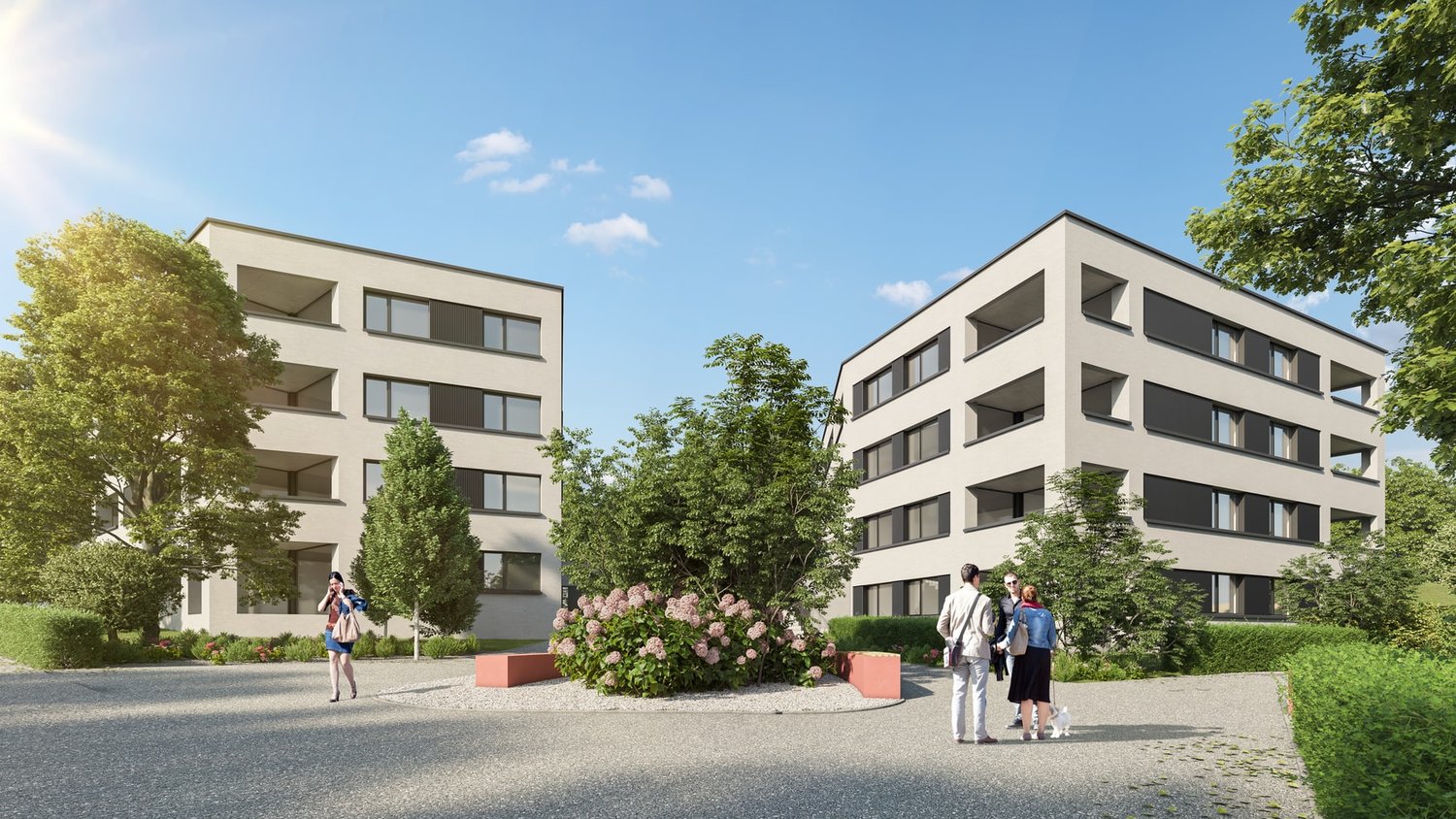 Two white apartment buildings with balconies, surrounded by greenery