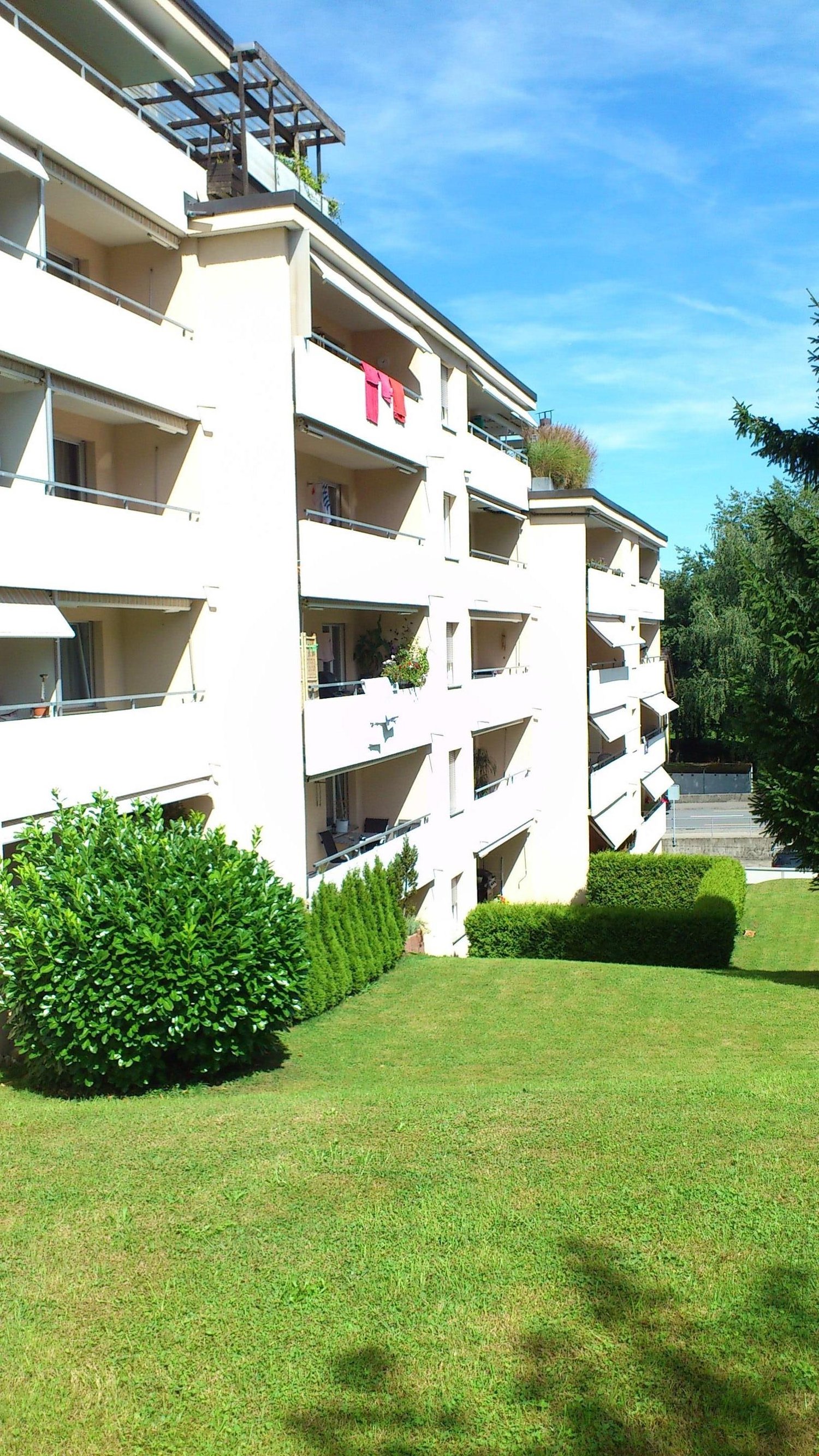 A large white apartment building with several balconies and shrubs below