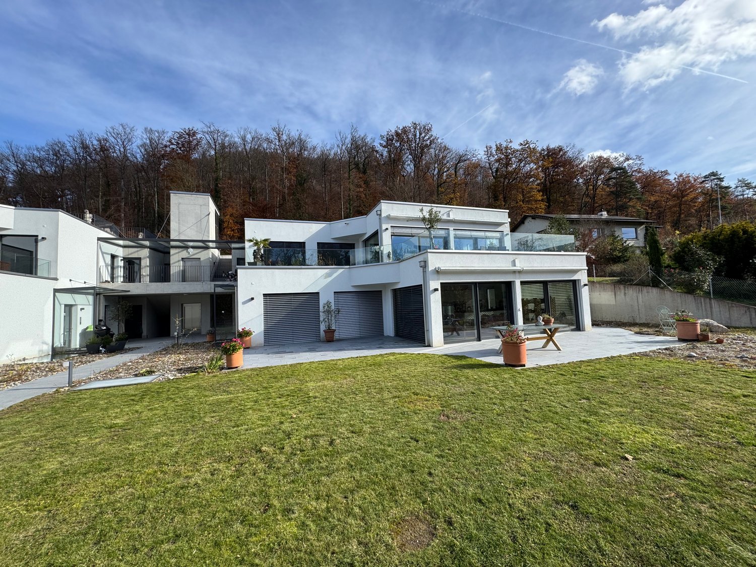 Modern white house, 2 garages, large windows, front yard, garden, trees