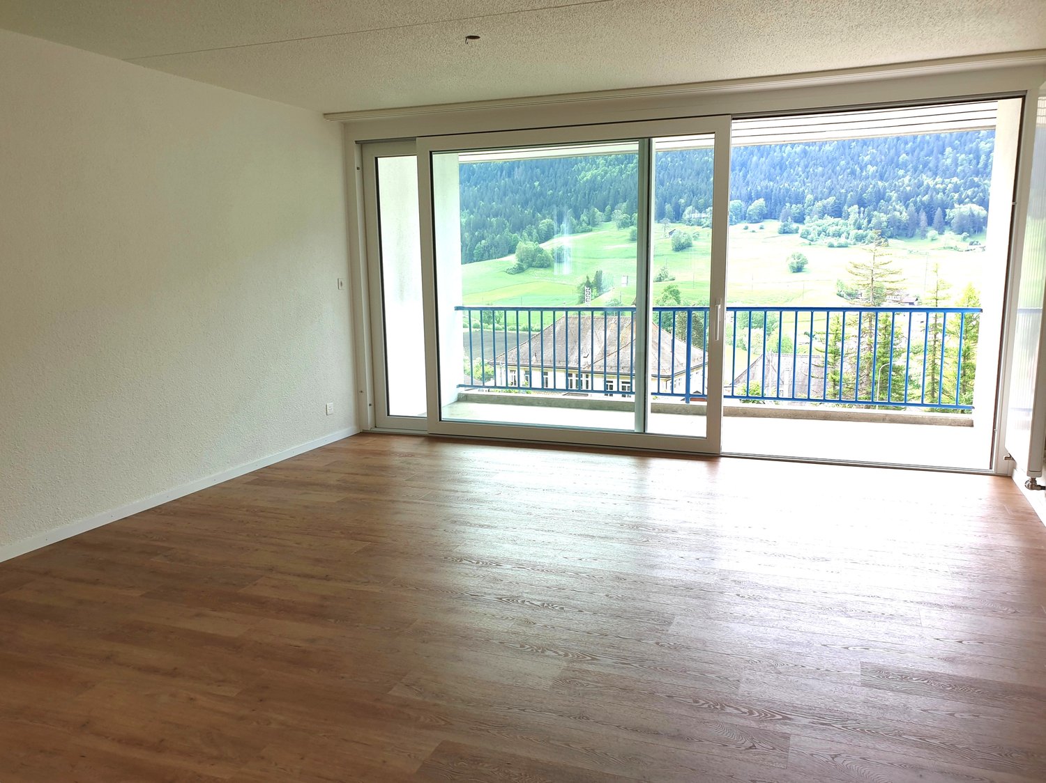 empty room, wooden floor, sliding glass doors, balcony, mountain view