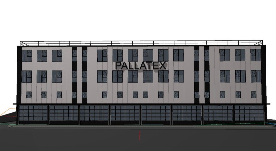 Building facade of Pallatex building with four stories and many windows, black and gray design