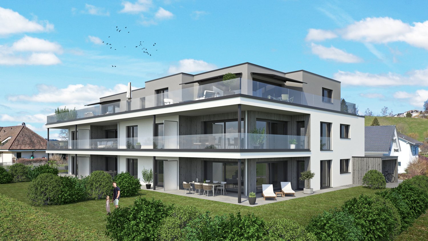 2 story building, multiple balconies, glass walls, modern design