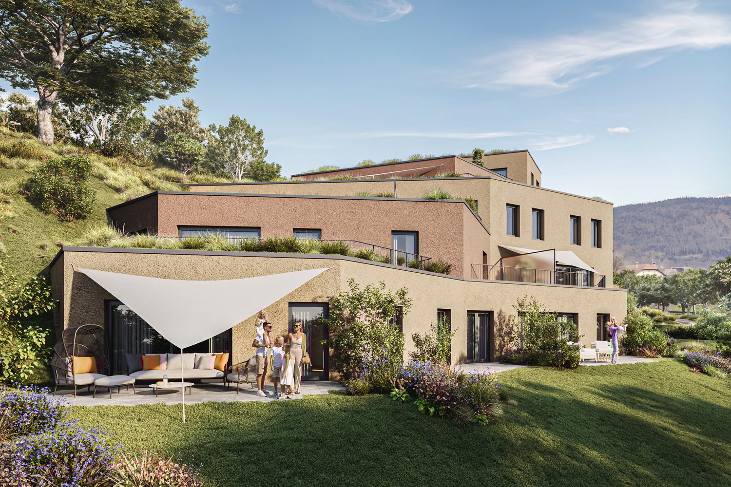 modern building, ground floor, multiple balconies, spacious yard, elevated garden terrace, patio, greenery