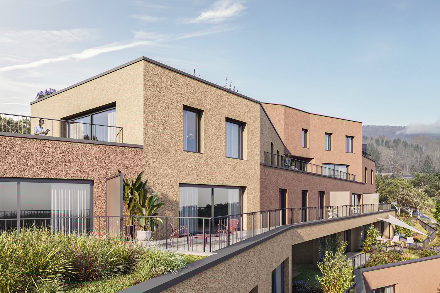 modern design, multiple levels, multiple balconies, green lawn, large windows, mountain view