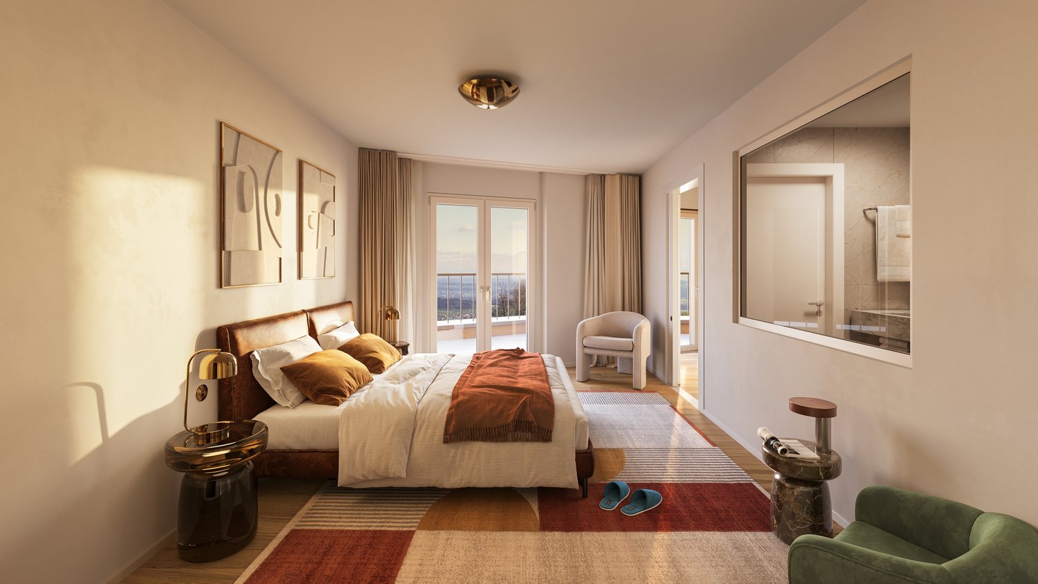 large bed, bedspread, pillows, bedside lamps, carpet, balcony, windows, armchair