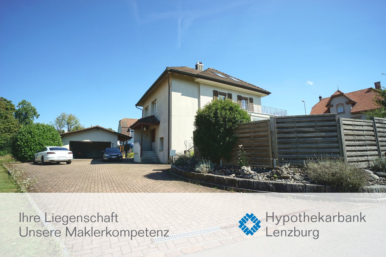 2 story house, white exterior, brown roof, attached garage, driveway, trees, shrubs