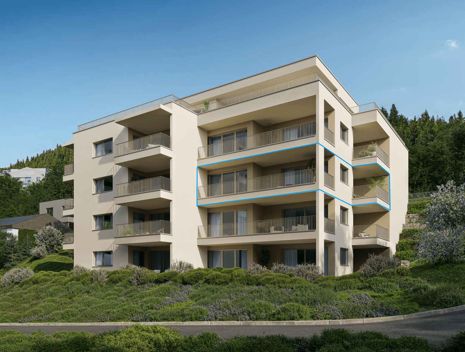 4-story apartment building with beige exterior, balconies on each floor, surrounded by landscaped gardens and trees