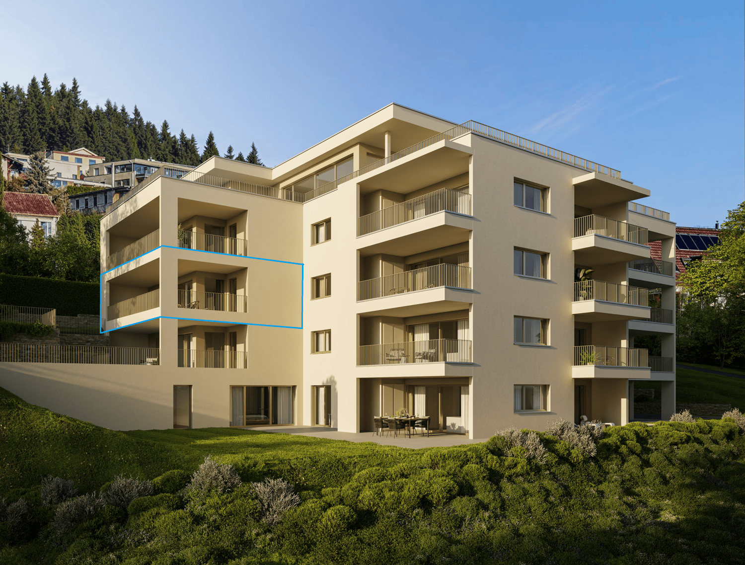 4-story apartment building with beige exterior, balconies on each floor, surrounded by landscaped gardens