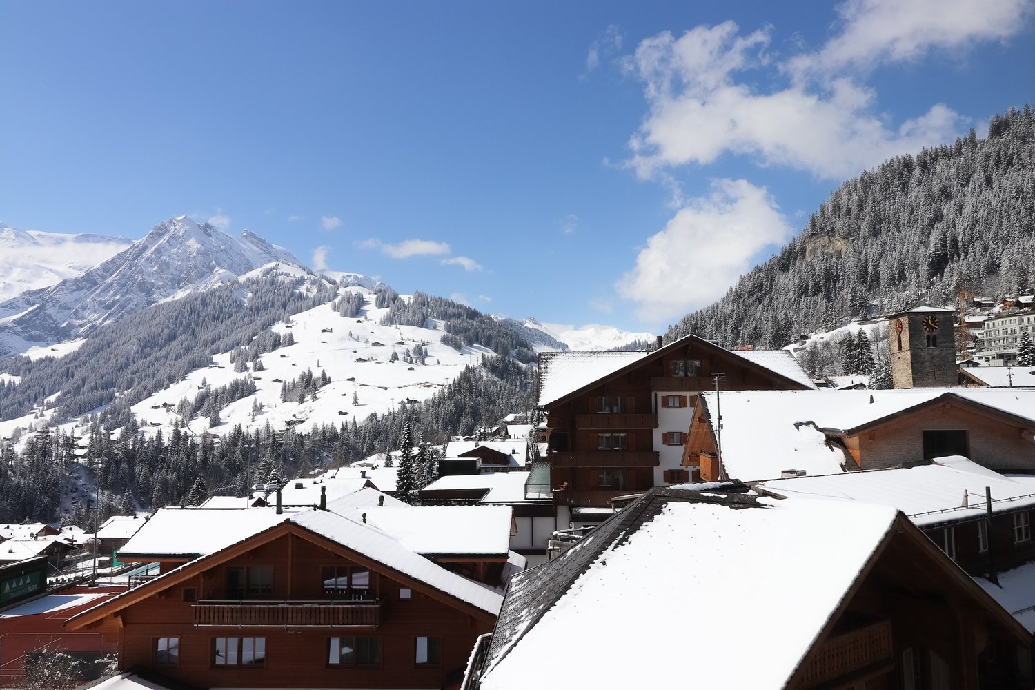 Snowy mountain landscape, several wooden houses, covered with snow, cloudy sky, pine trees, ski slope visible