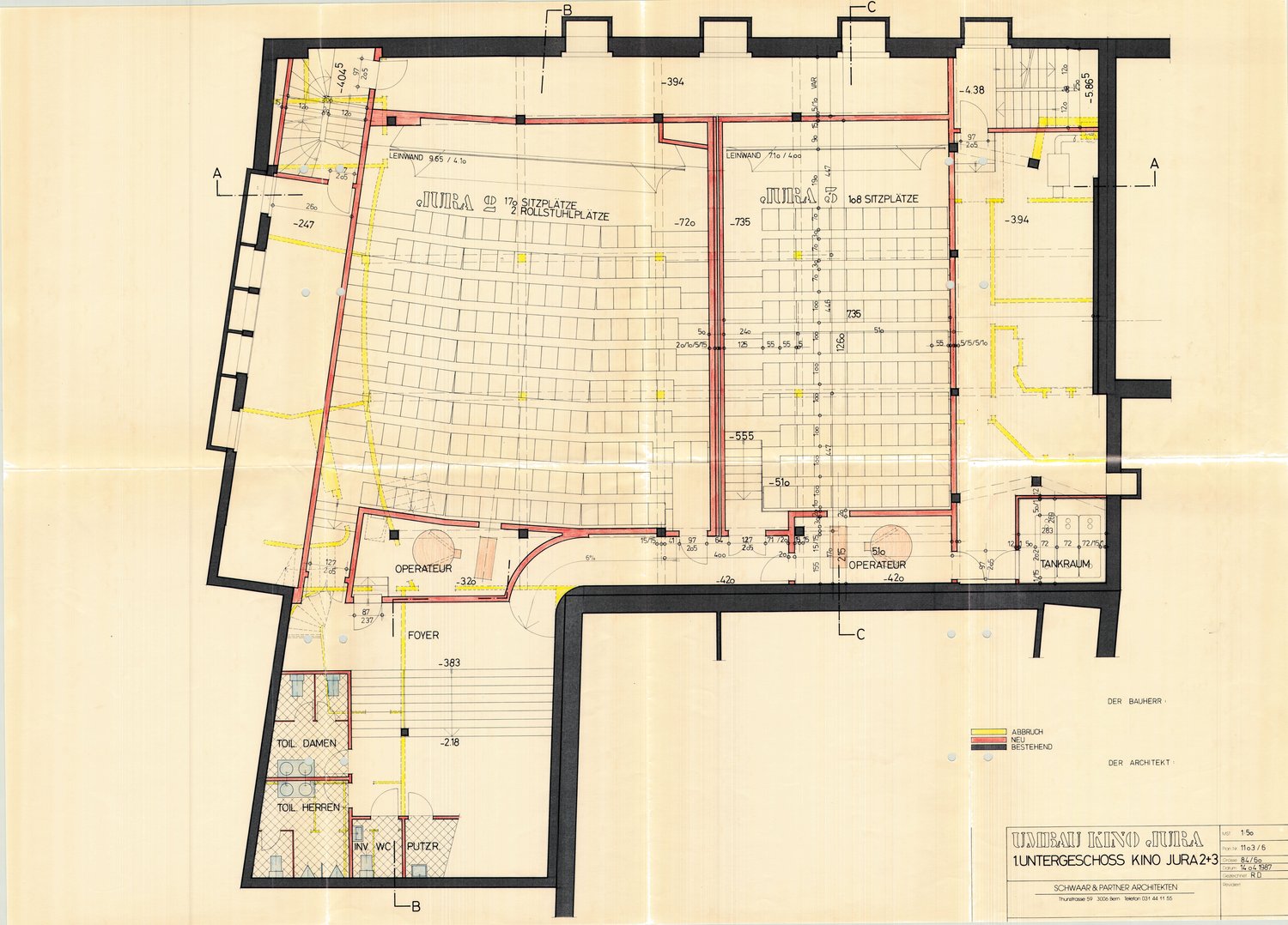 The image shows the floor plan of a building, which appears to be a cinema or theater. The plan includes a large auditorium or seating area, labeled as 'SITZPLÄTZE' (seating places), as well as various support spaces such as a foyer, operator rooms, and r
