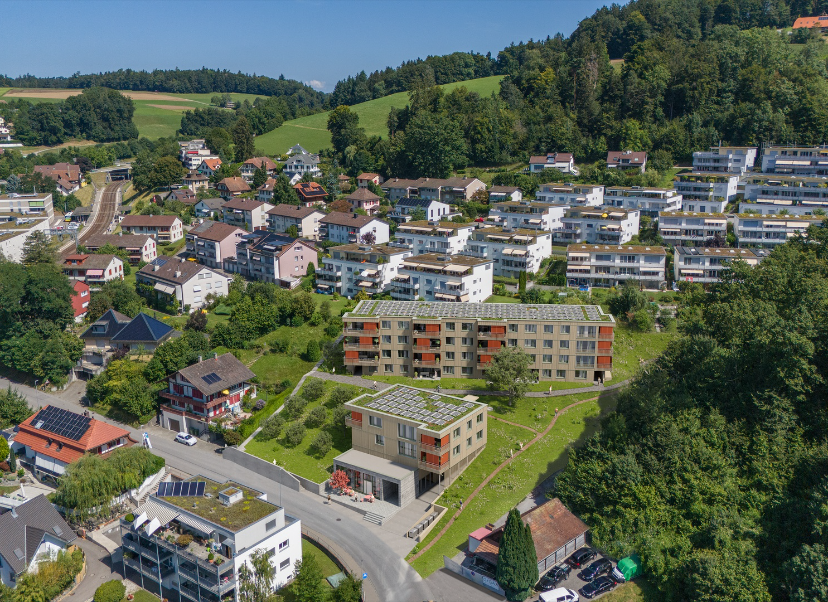 Aerial view of a neighborhood with several modern and traditional houses, solar panels, green spaces, and roads.