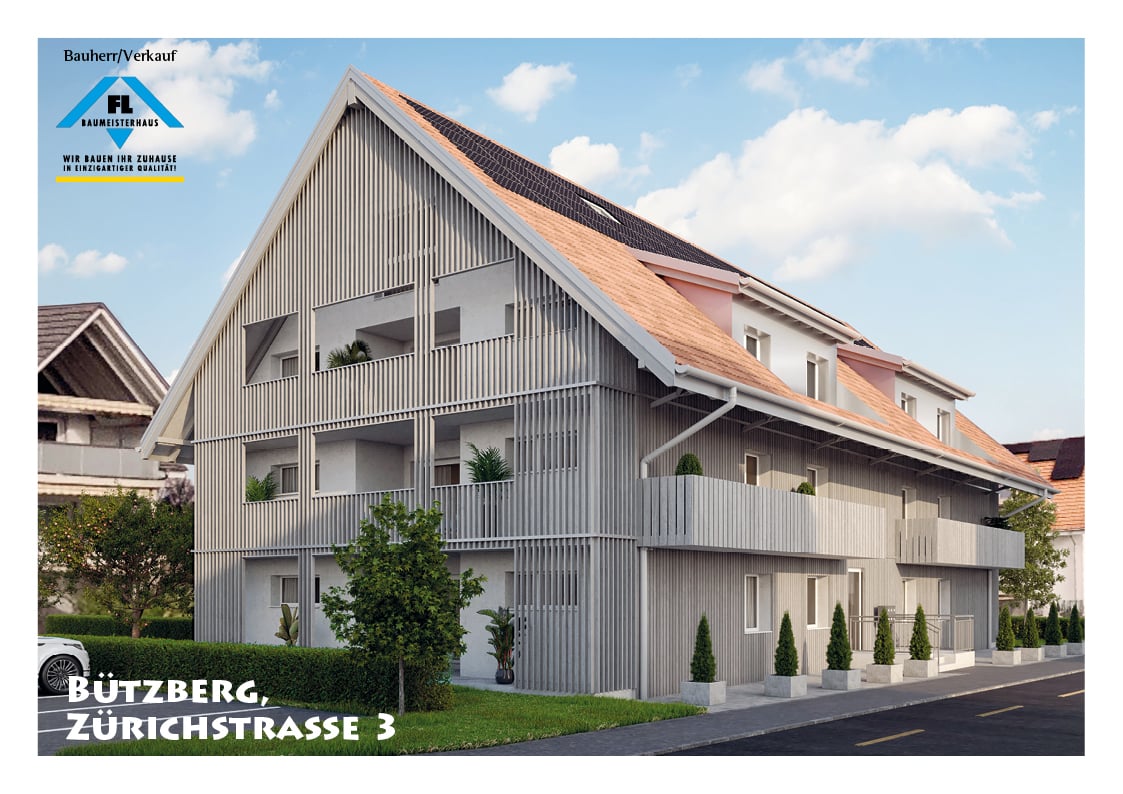 modern design, multi-family home, solar panels on the roof, balconies, landscaped area with shrubs and trees, paved road, car parked in front