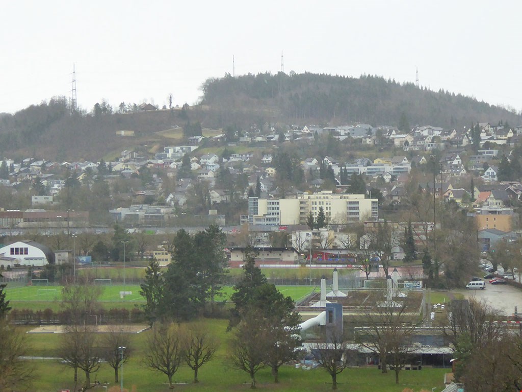 Hill, suburban community, houses, commercial buildings, school, playground, sports field, parking lot, trees, bushes, mountains in the background.