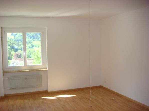 Empty room with wooden floors, white walls, and a window offering a scenic view.