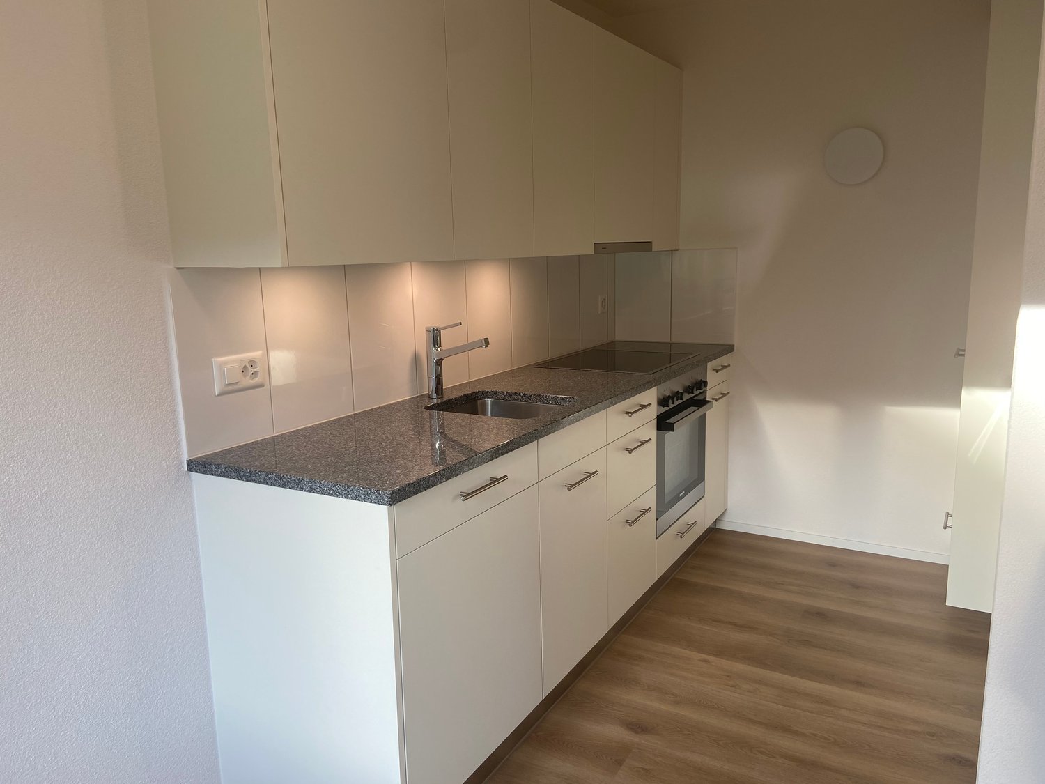 Kitchen: modern, white cabinetry, granite countertop, stainless steel sink, integrated dishwasher and washing machine, electric hob, electric oven