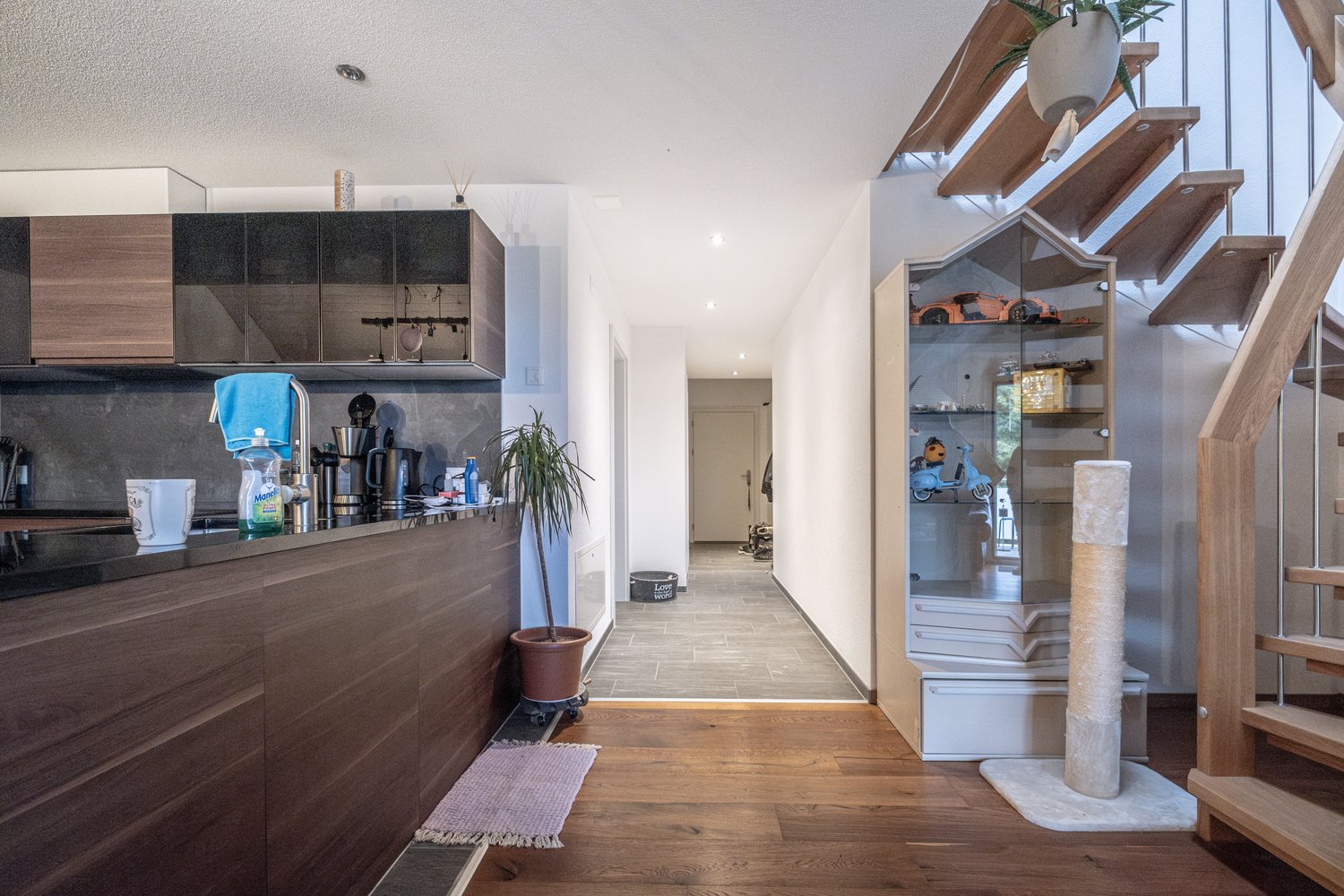 Modern kitchen with dark cabinets, kitchen appliances, and a hallway leading to other rooms