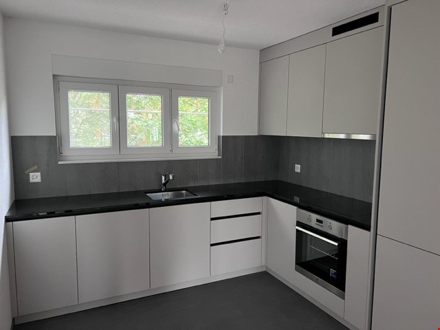 white cabinets, black countertops, silver sink, faucet, integrated oven, windows with gray exterior.