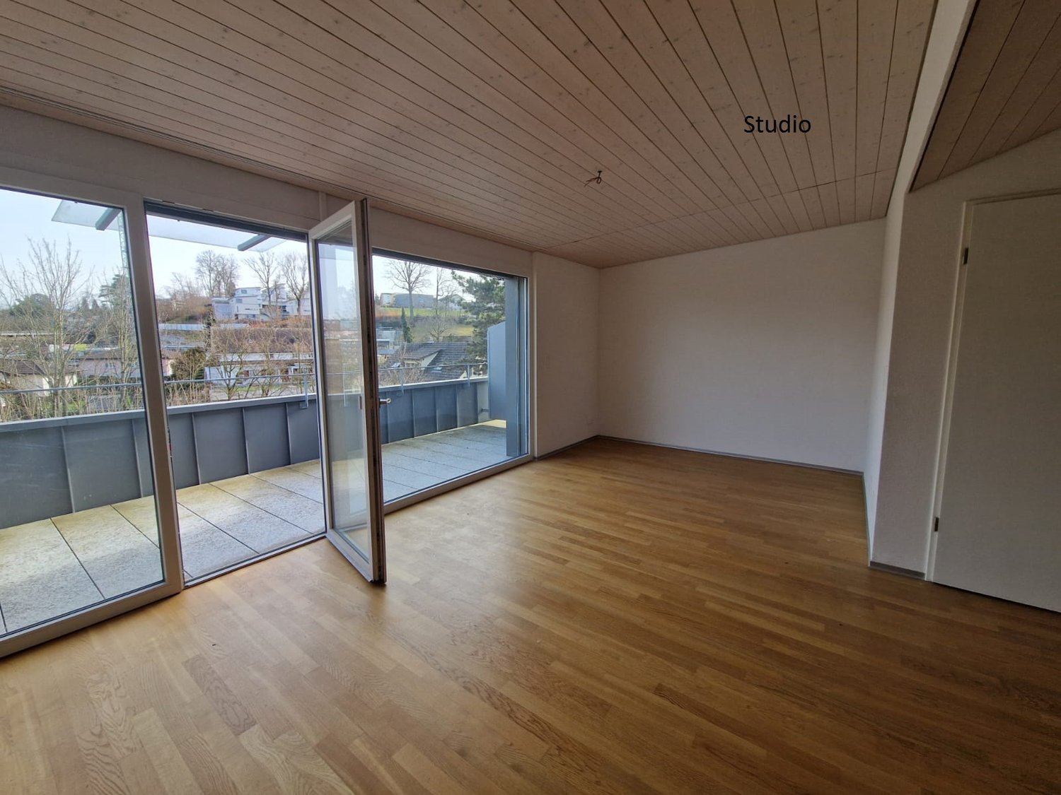 Empty studio with wooden floor, glass sliding doors, balcony, and wooden ceiling.