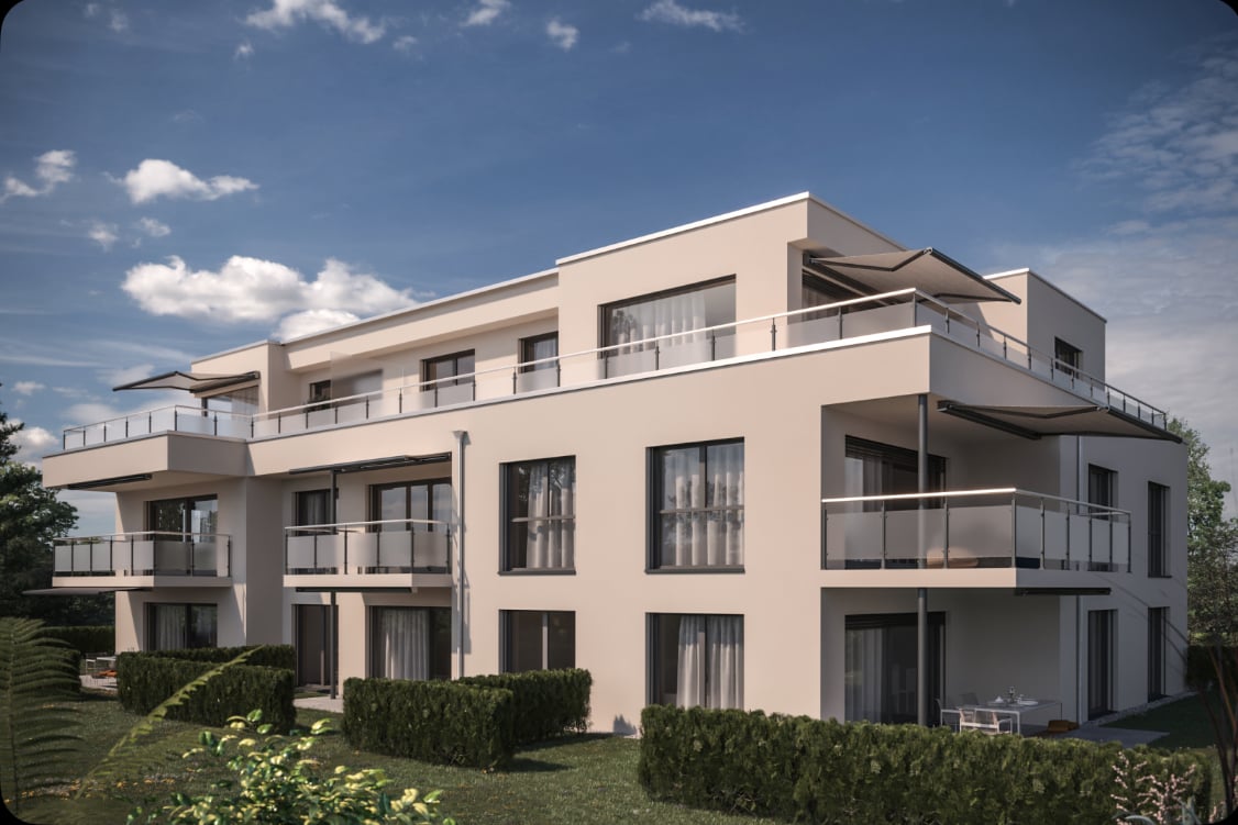 modern two-story house, light-colored facade, large windows, multiple balconies, glass railings