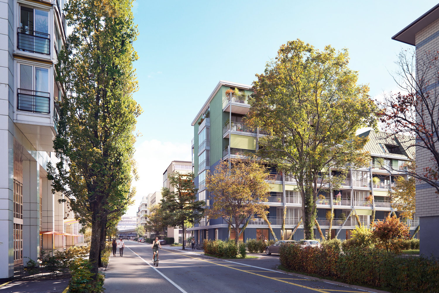A modern apartment building with multiple balconies, surrounded by trees and greenery.