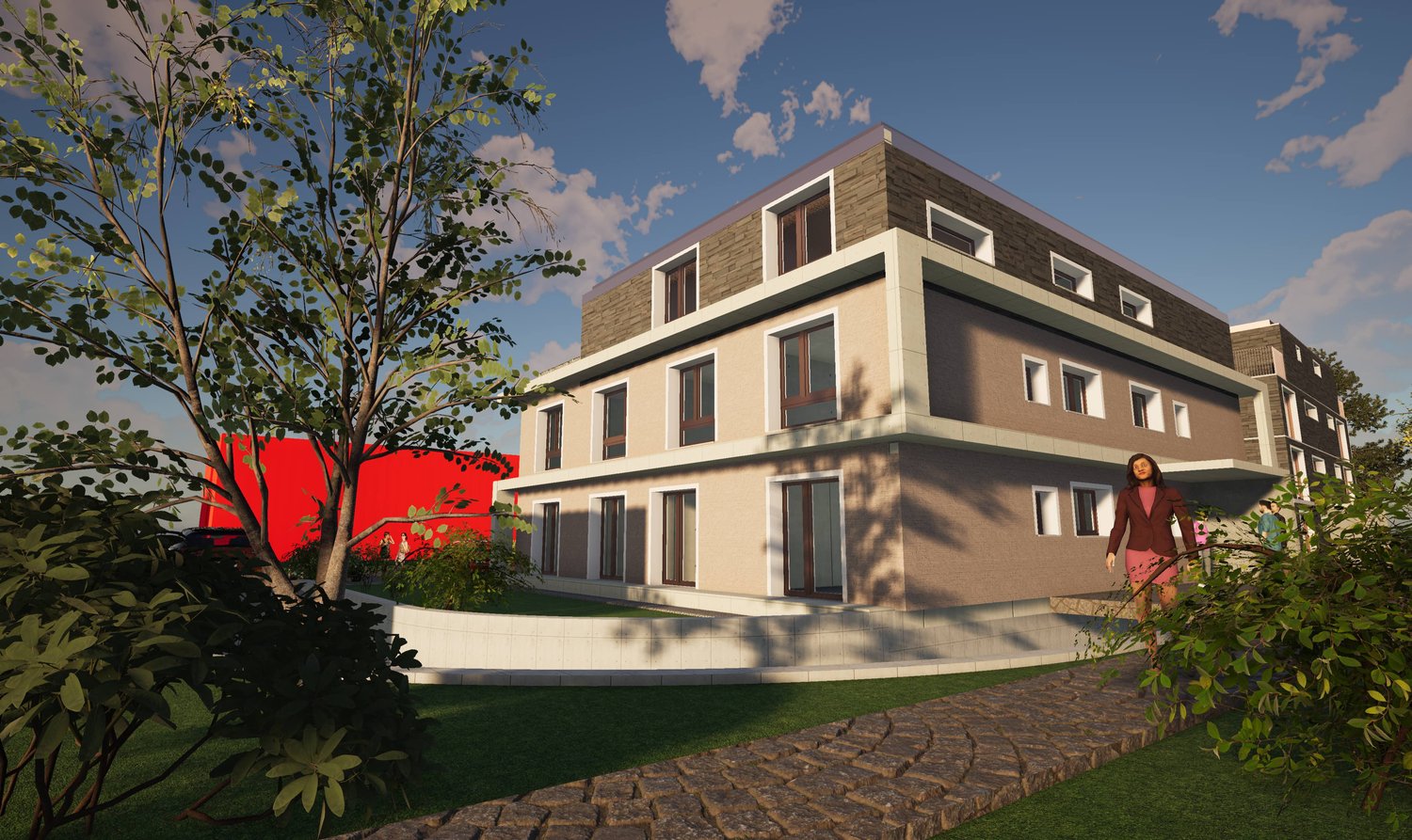 3 story building, beige exterior, many windows, surrounded by plants, walkway in front