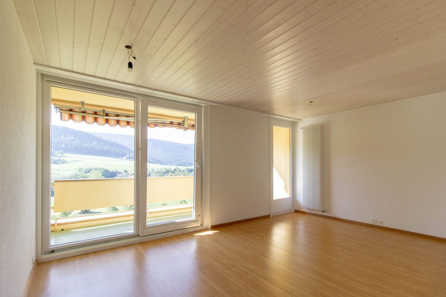 Hardwood floors, balcony, sliding doors, white walls, ceiling, sliding window blinds, white radiator, power outlet