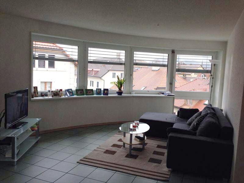 large windows, black couch, coffee table, TV, rug, potted plant