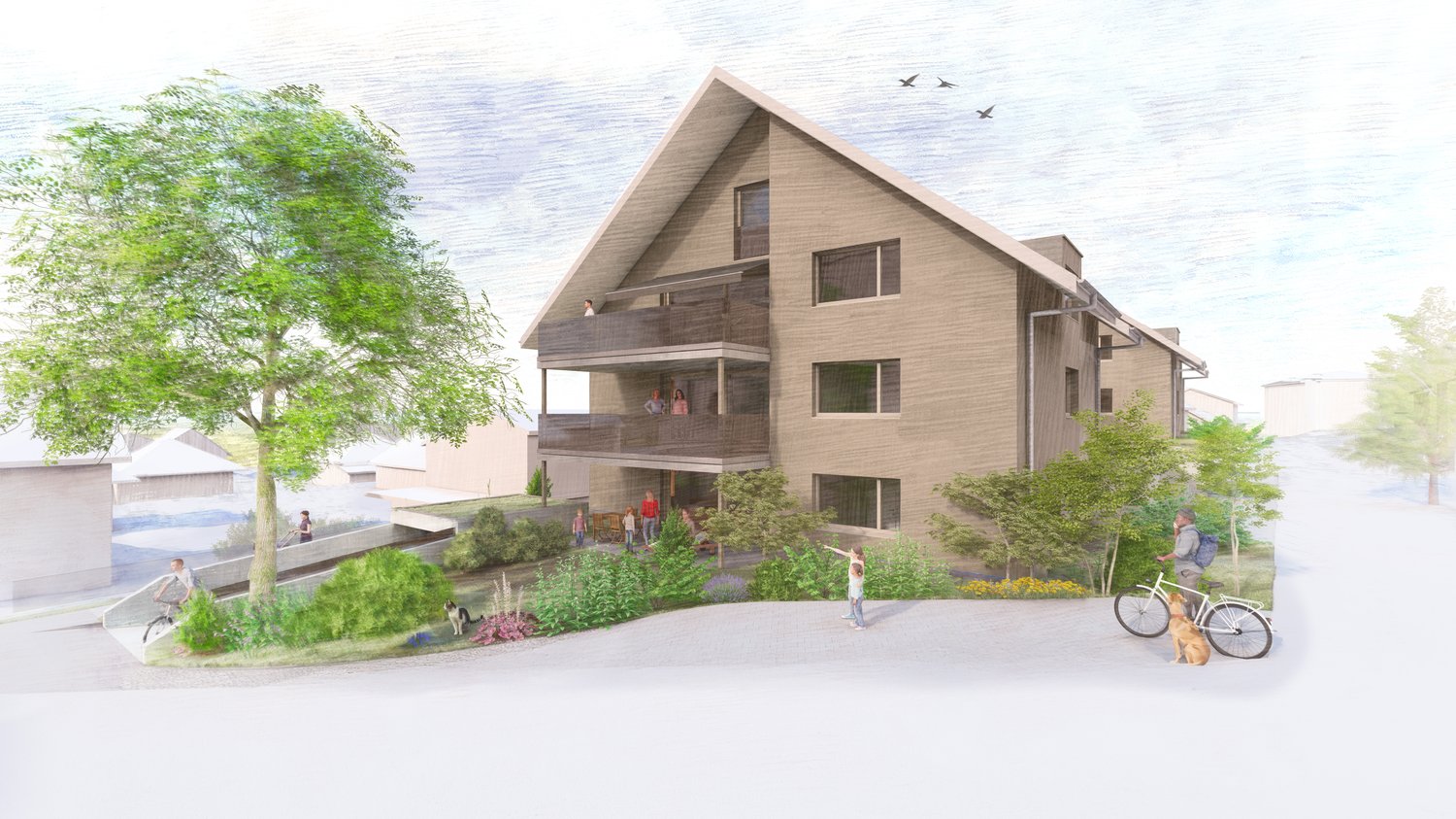 Multi-story building with balconies, garden area, paved driveway