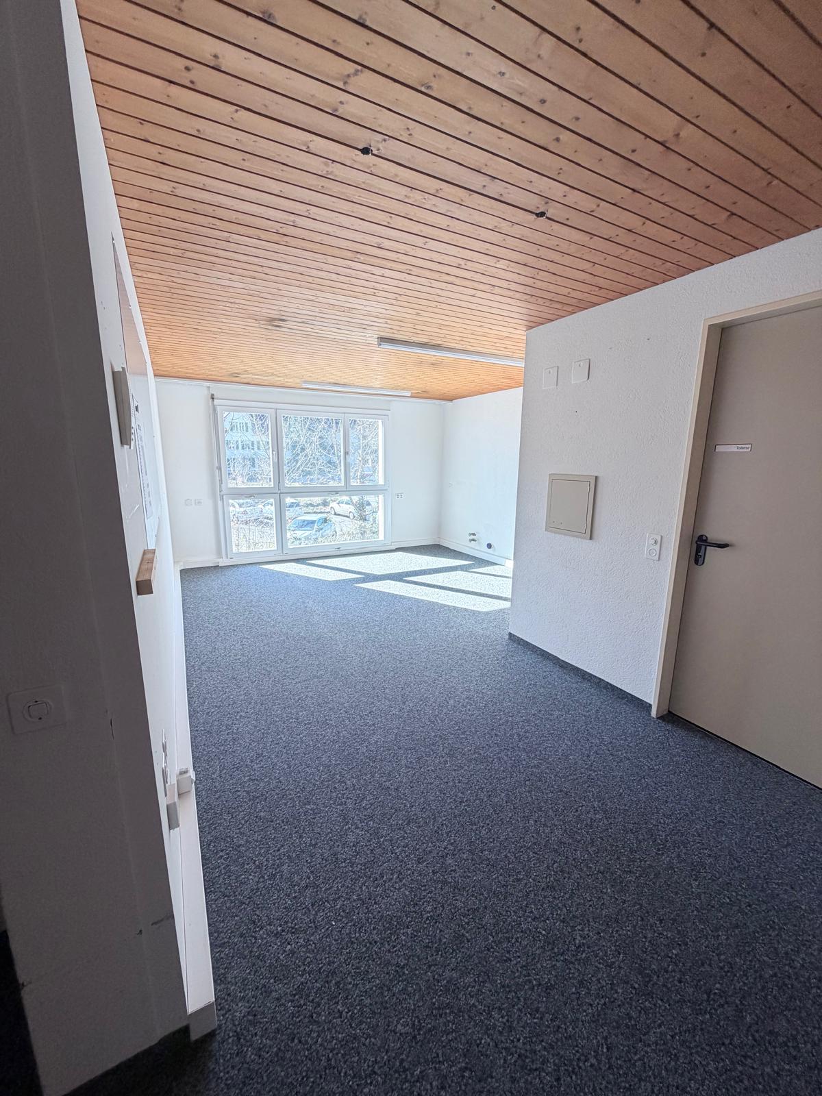 A hallway with wooden ceiling, carpet floor, large window, and white walls