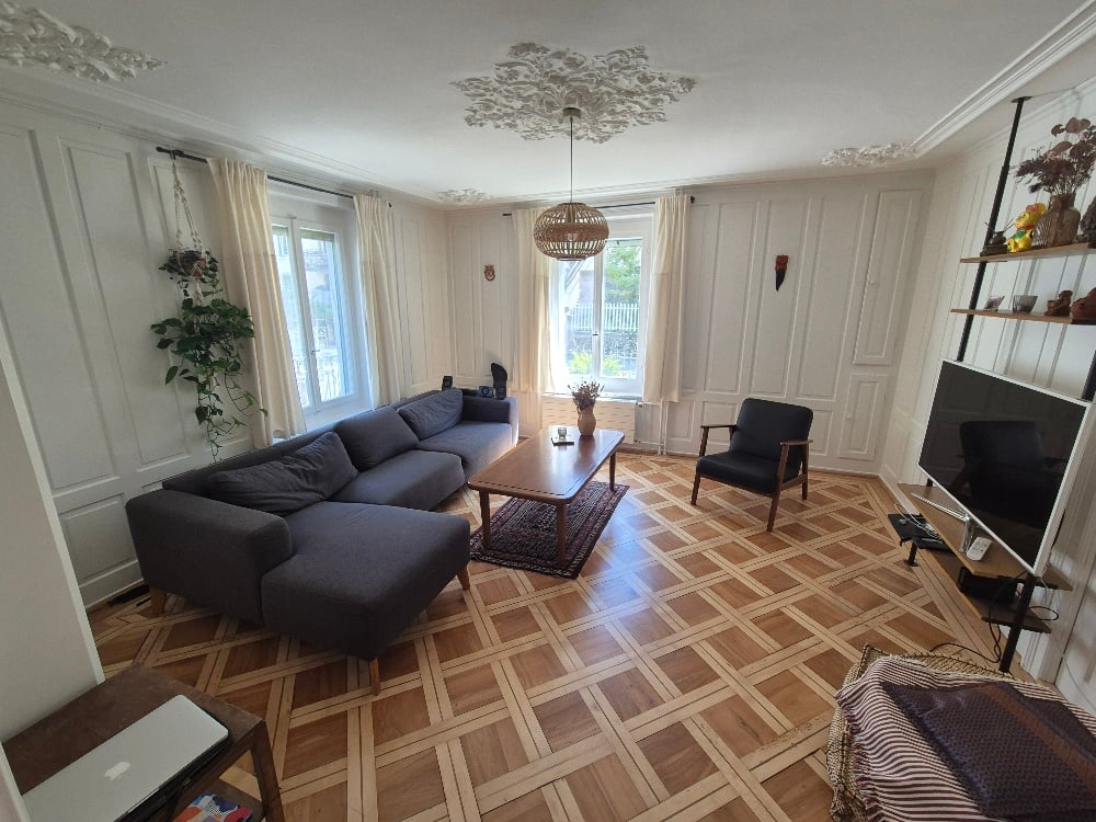 modern L-shaped sofa, wooden coffee table, armchair, TV stand, potted plant, radiator, wooden parquet flooring