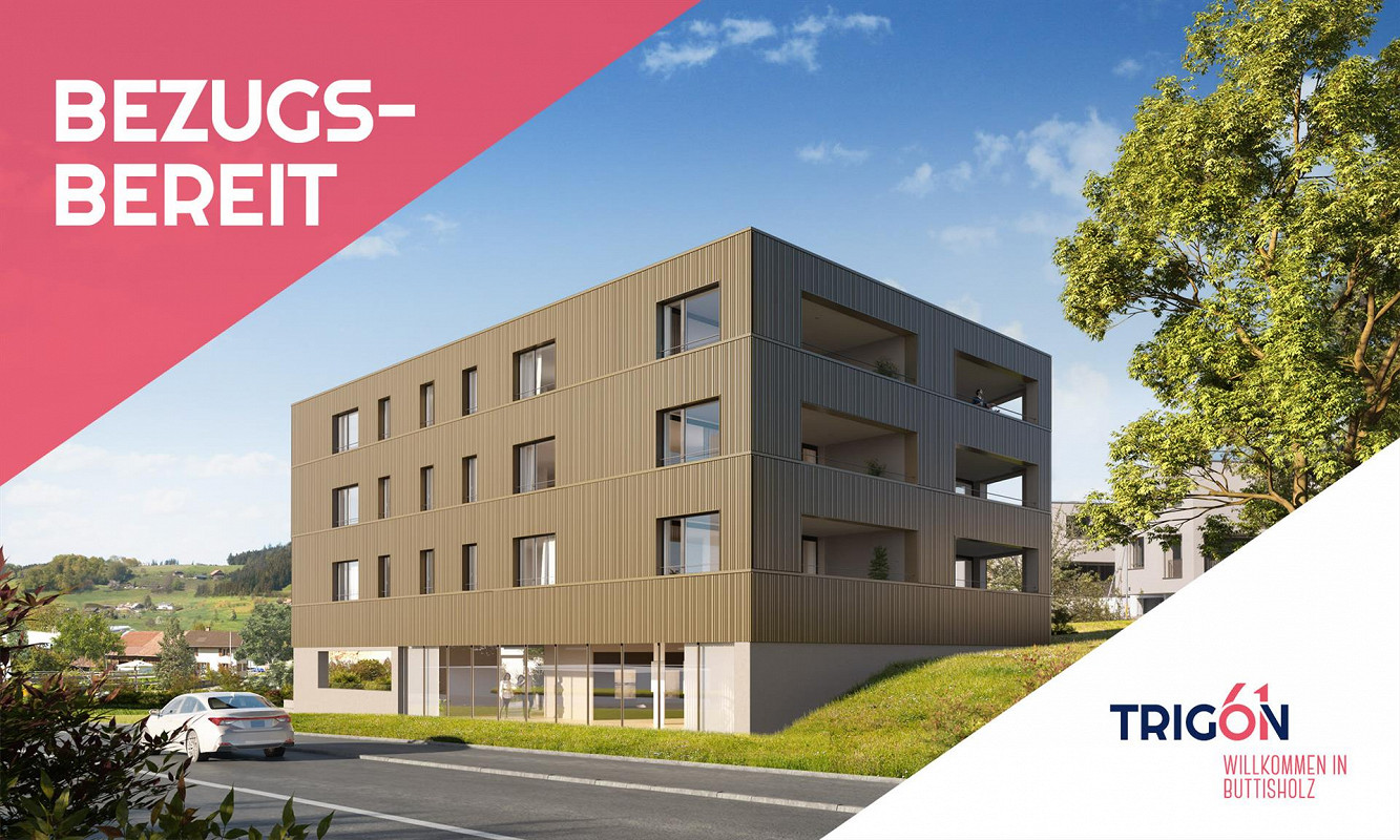 4-story modern apartment building with wooden facade, balconies, and parking spaces in front