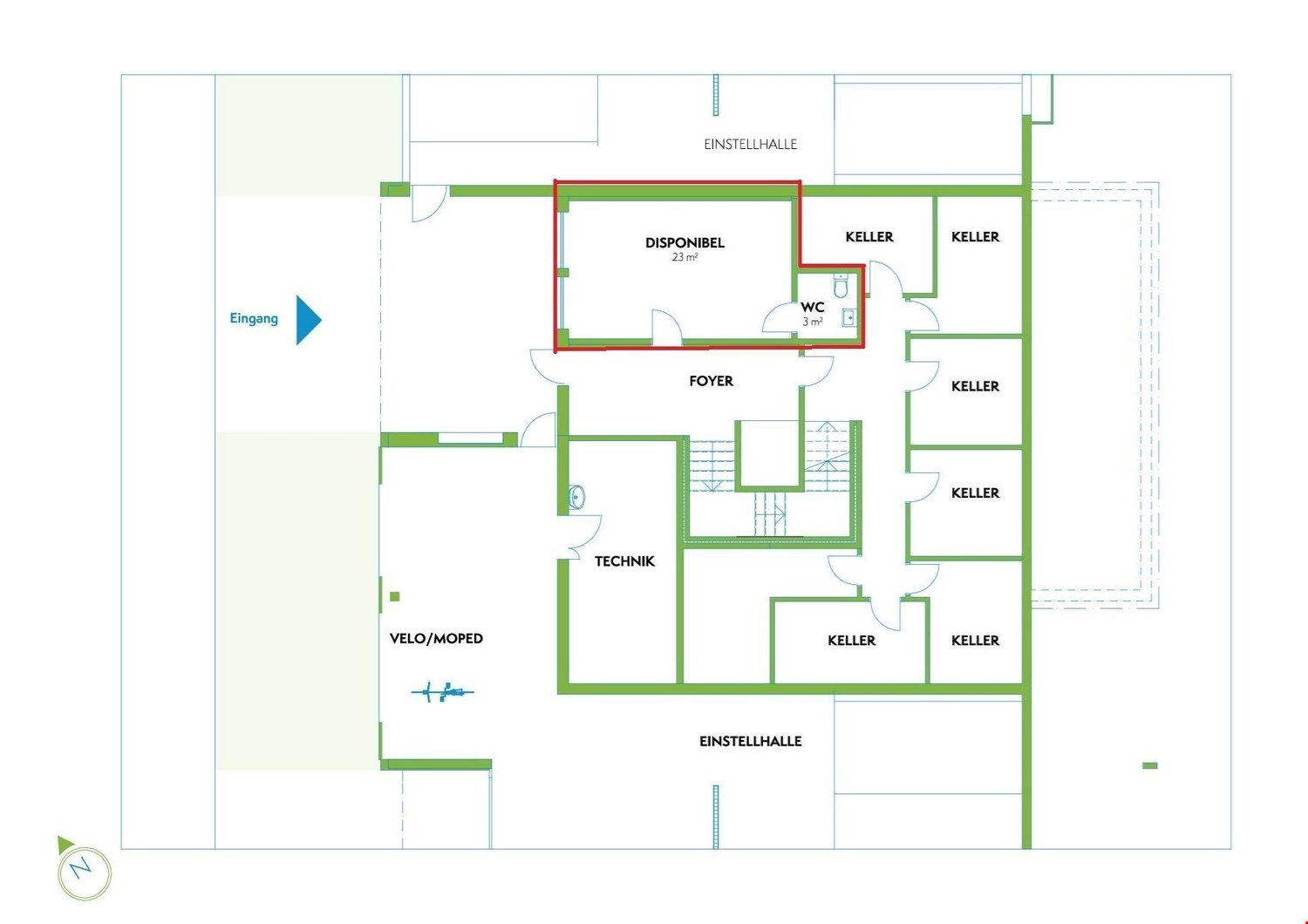 Living room, kitchen, 3 bedrooms, 2 bathrooms, entry hall, storage, technical room, bicycle storage
