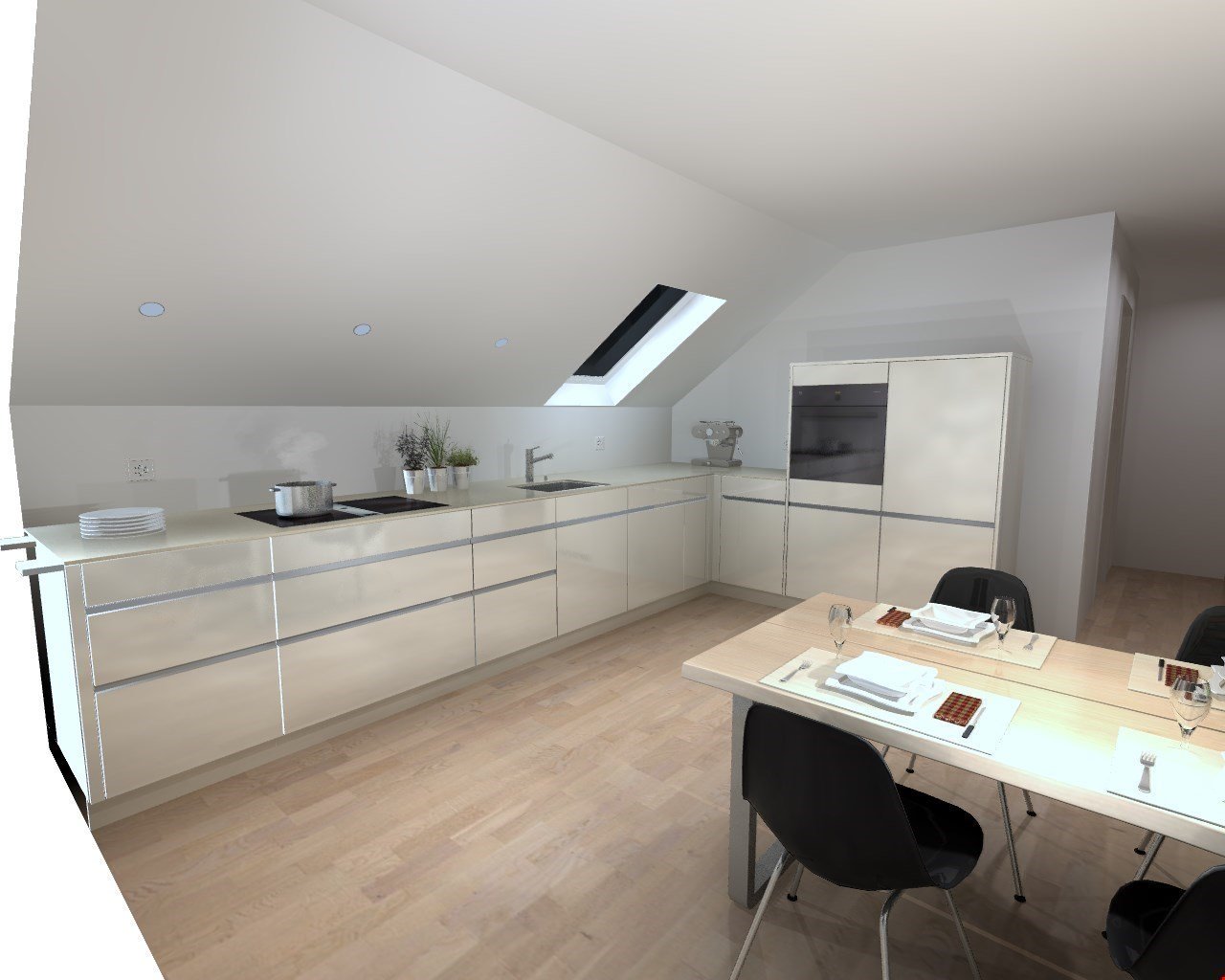 Open concept kitchen with dining area, raised ground floor, ceiling skylight, stainless steel appliances, wooden floor, white cabinets