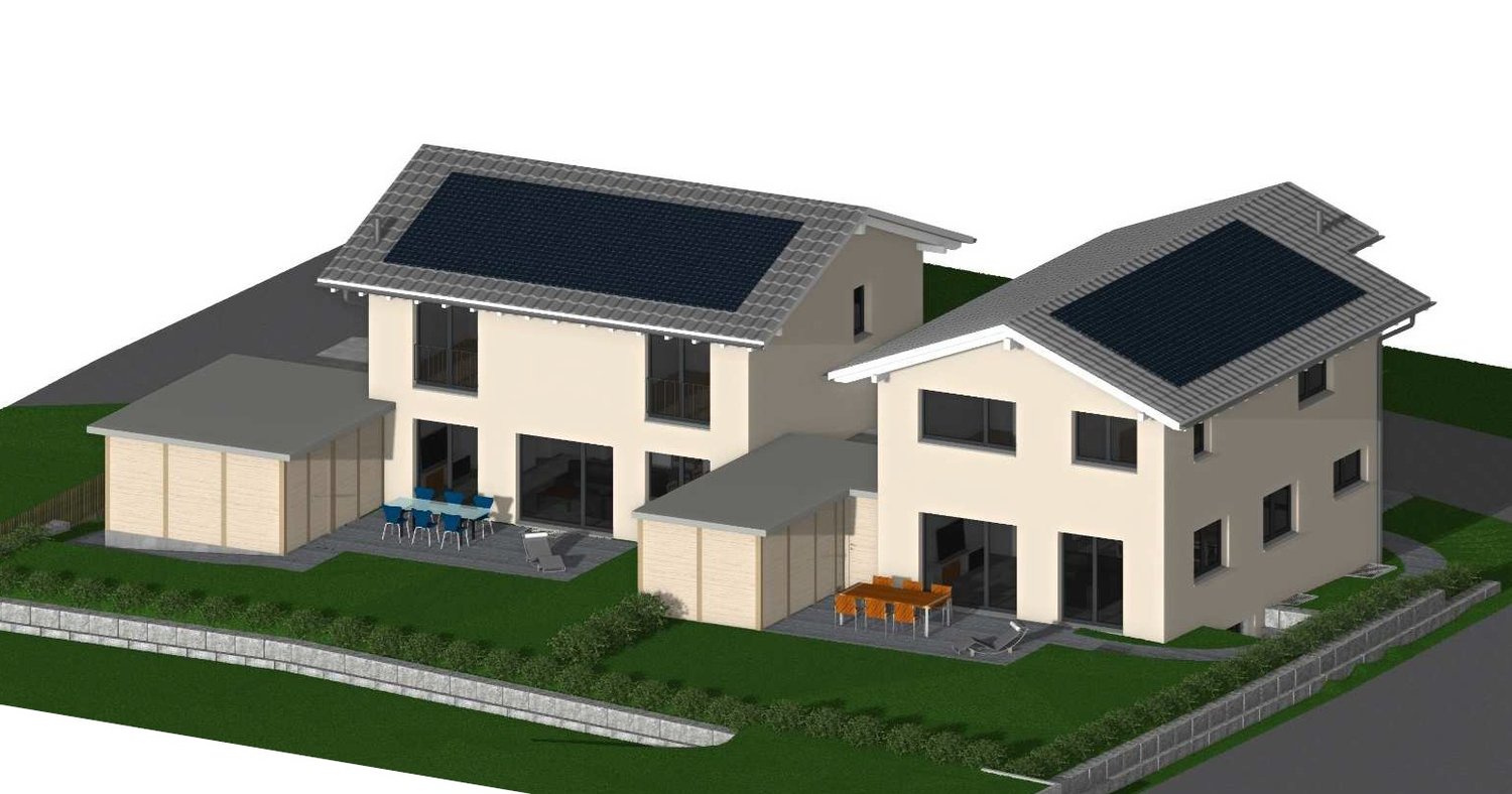 2 story house with solar panels, 2 balconies, garage, outdoor seating, green lawn