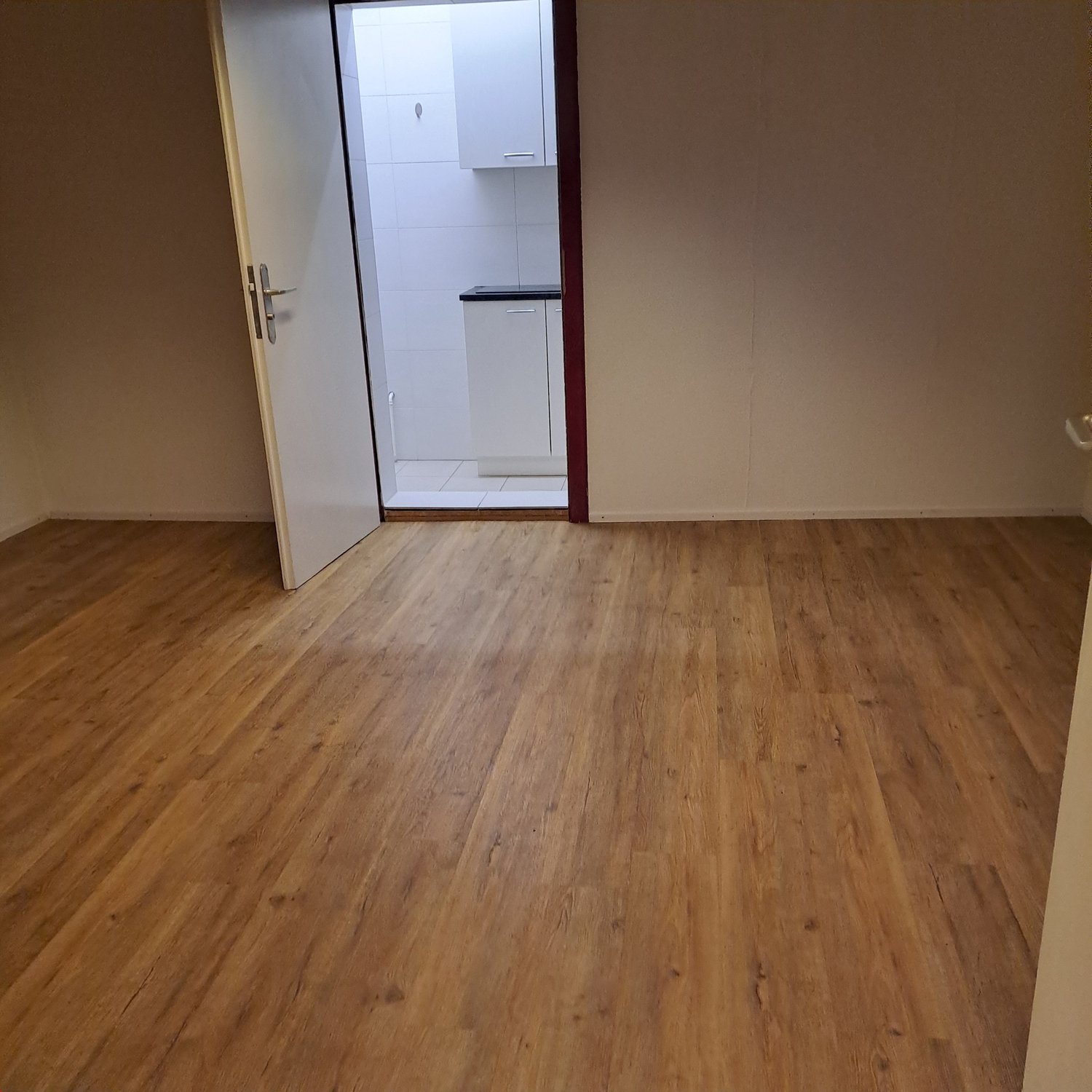 Empty room with open door to a smaller room with bathroom, wooden floor, white walls