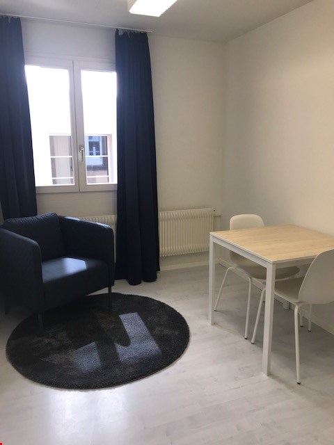 The image shows a living room with a sofa, a dining table with chairs, and large windows. The room has white walls and a light-colored floor. There is a black circular rug on the floor.