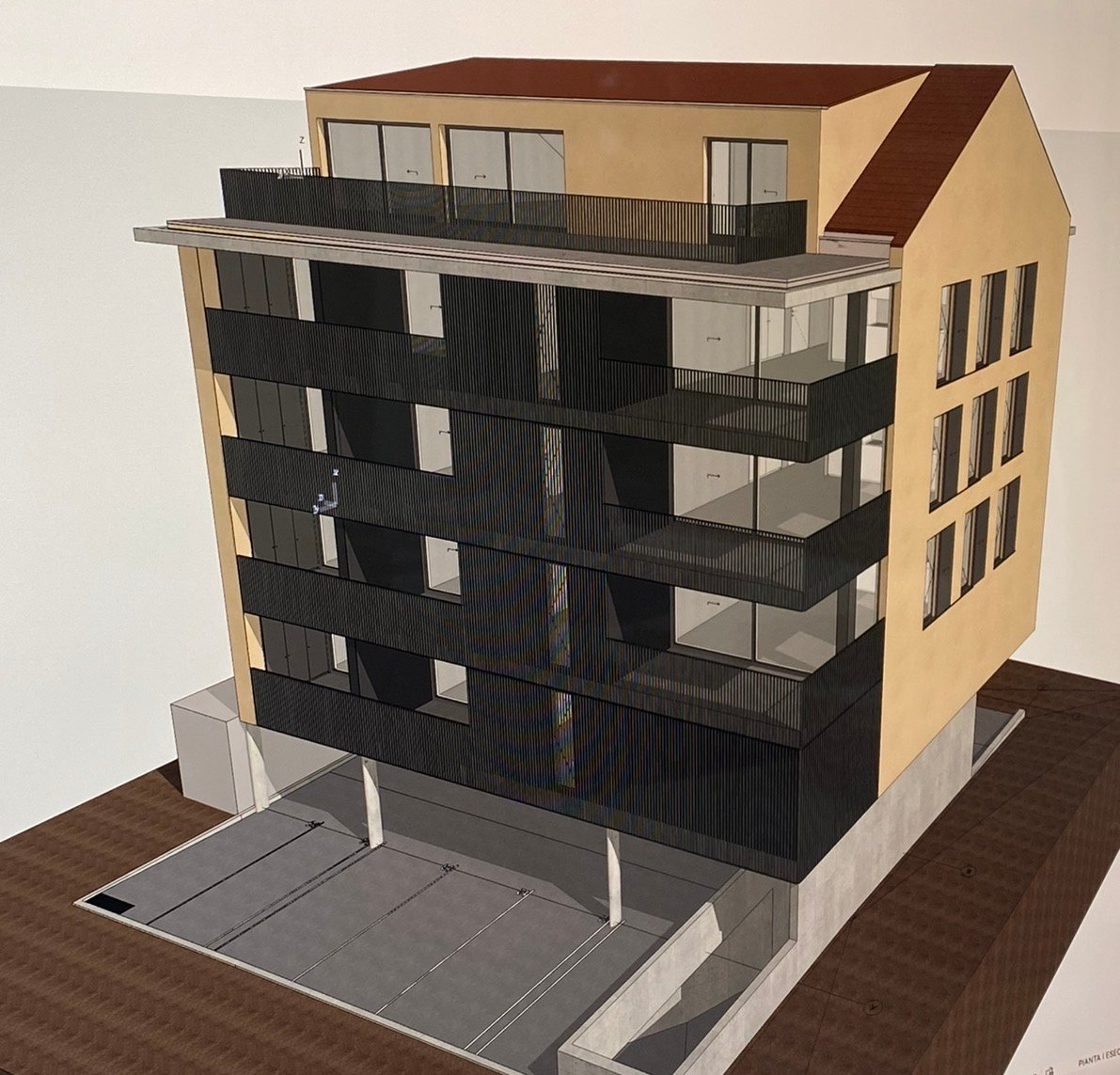 5 story building, 17 apartments, balconies on each apartment