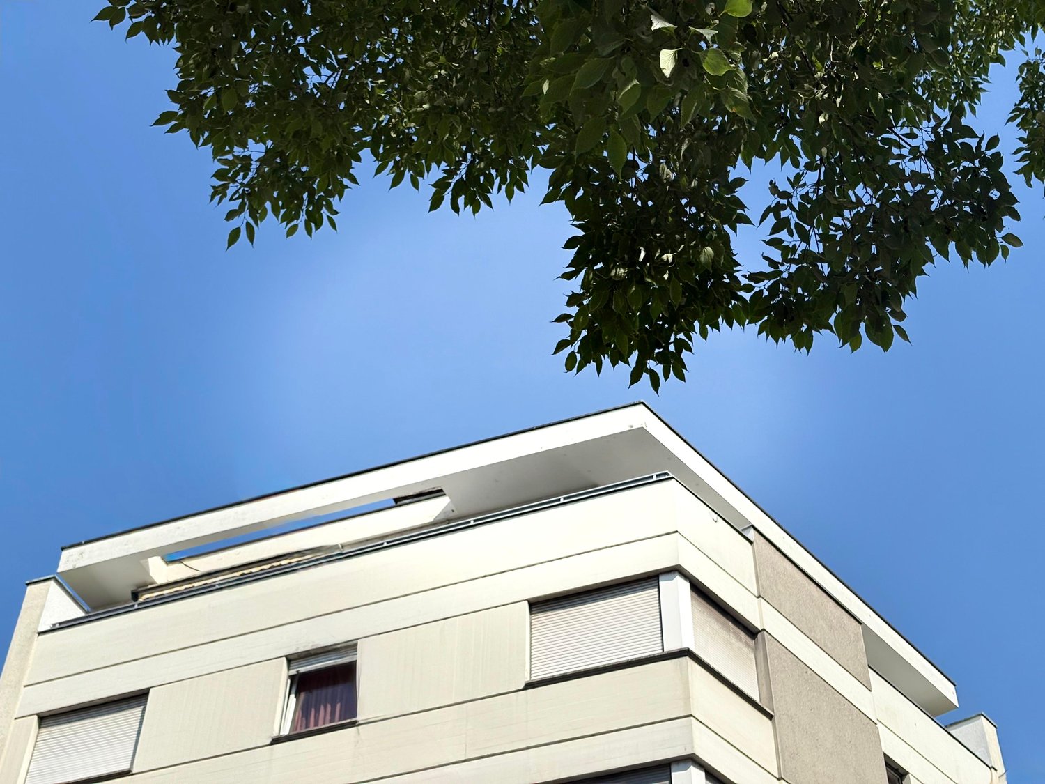 Modern multi-story building with a flat roof, large windows, and a balcony visible on the upper floor. The building is surrounded by trees with green foliage.