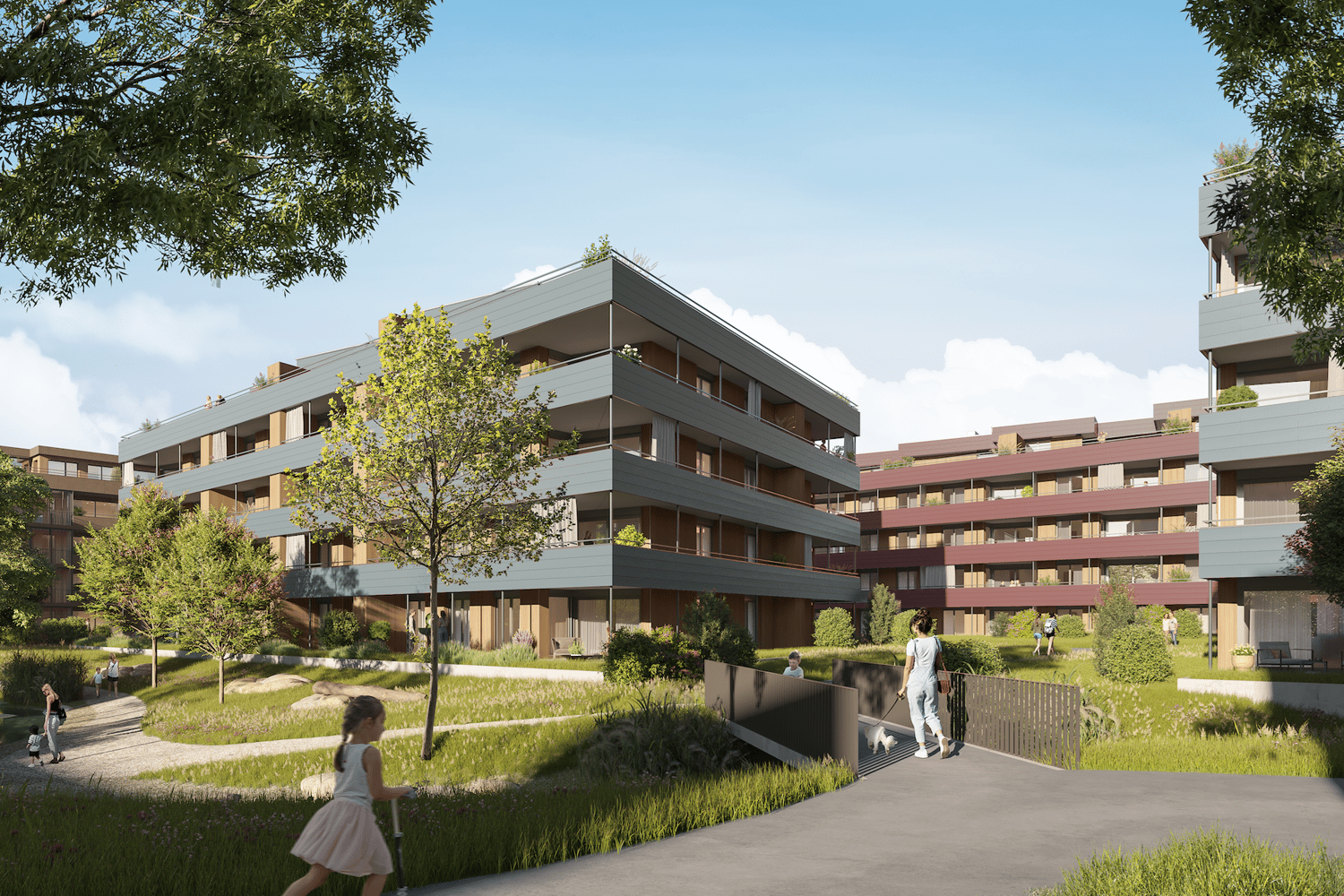 Multi-story apartment building, gray facades, several balconies, large garden in front