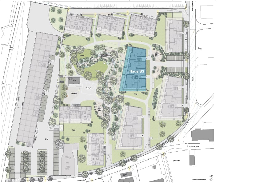 floor plan with several buildings, labeled Haus S3, trees, open spaces, pathways