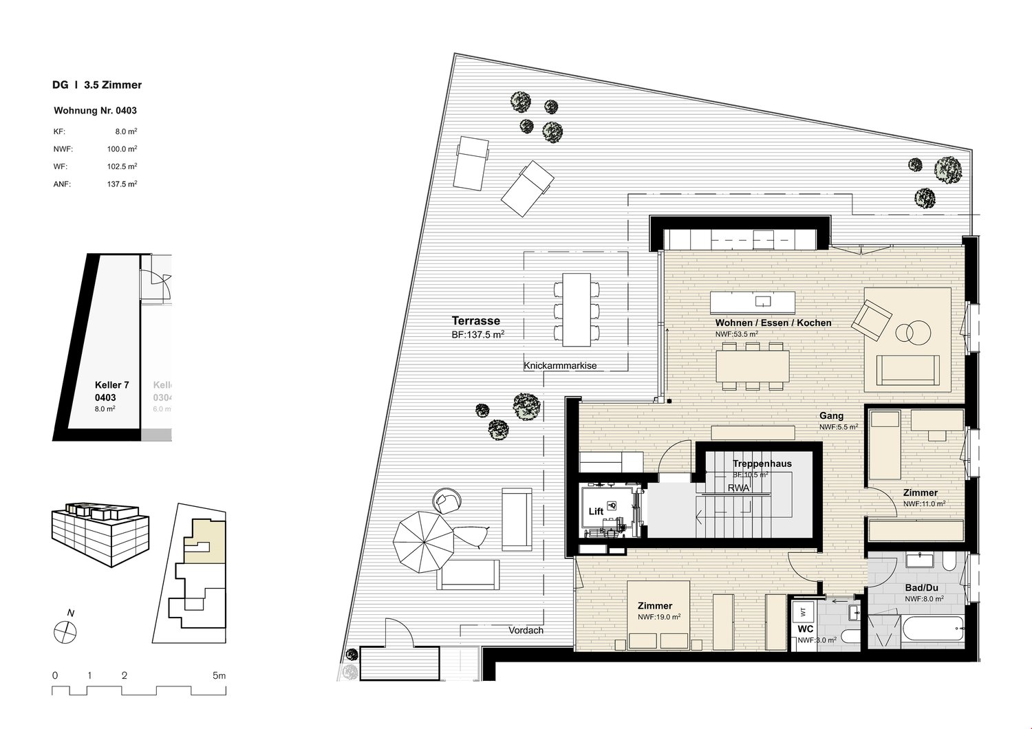 living room, kitchen, 3 bedrooms, 2 bathrooms, balcony, storage, lift, terrace