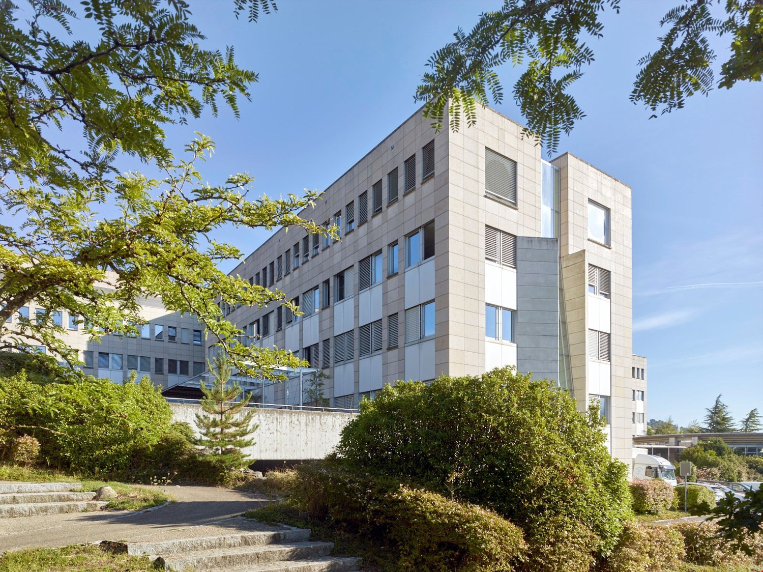 Office building, light grey facade, many windows, concrete base, multiple floors, green shrubs, trees, steps to the entrance.