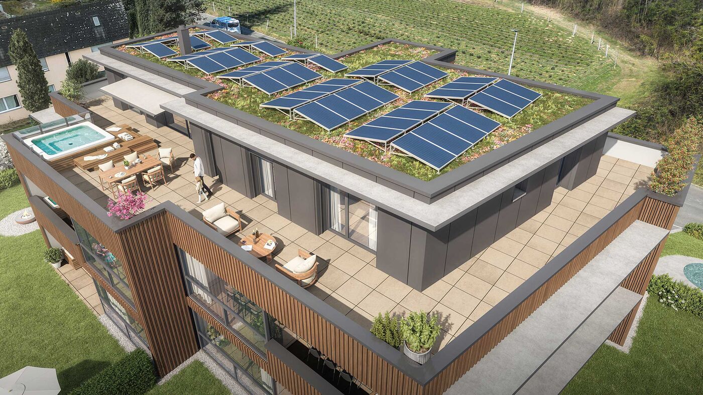 modern eco-friendly house with solar panels on the roof, outdoor patio with Jacuzzi, balcony, wooden facade