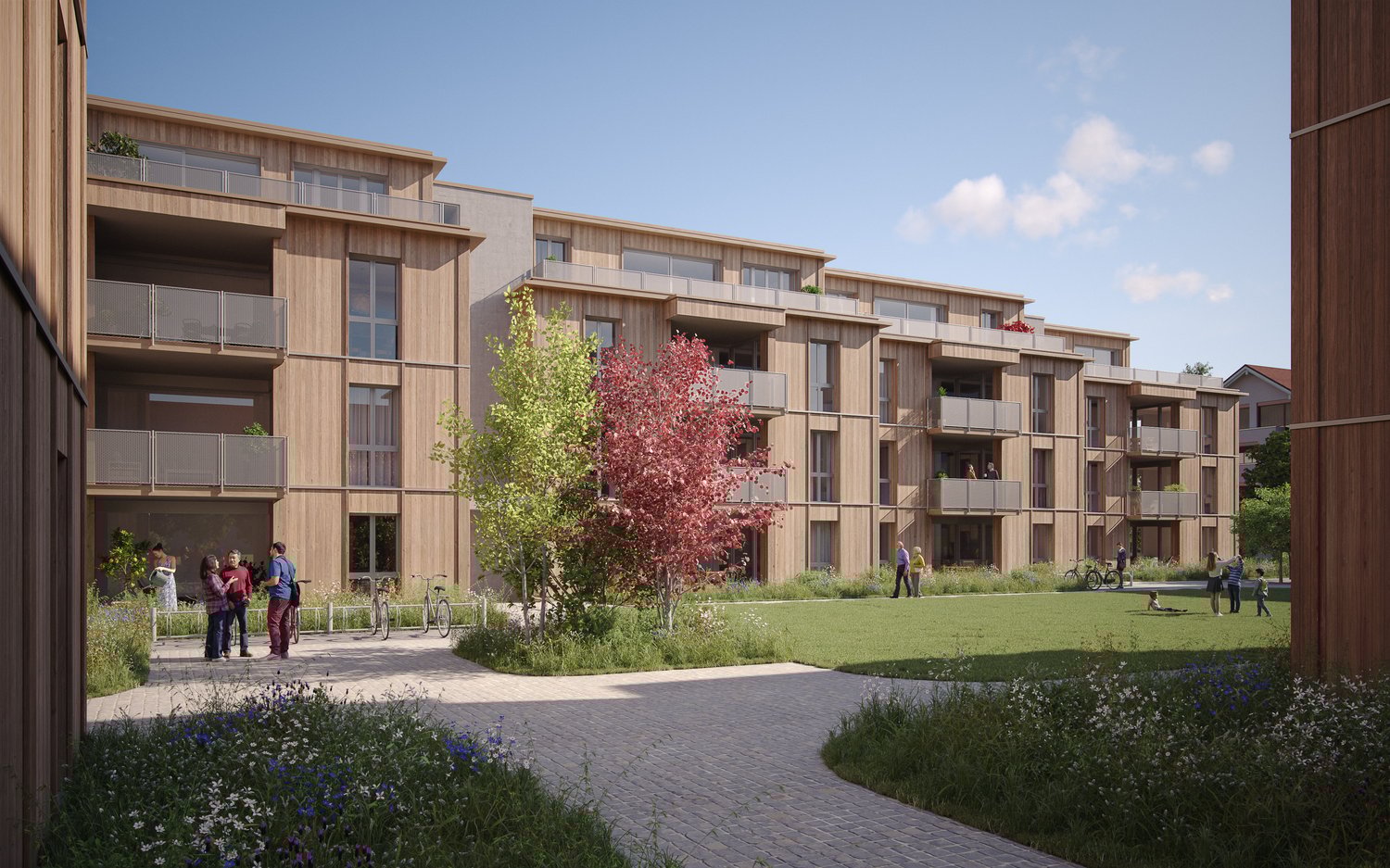 Multiple balcony, modern design, multiple floors, central garden area, surrounded by grass and trees